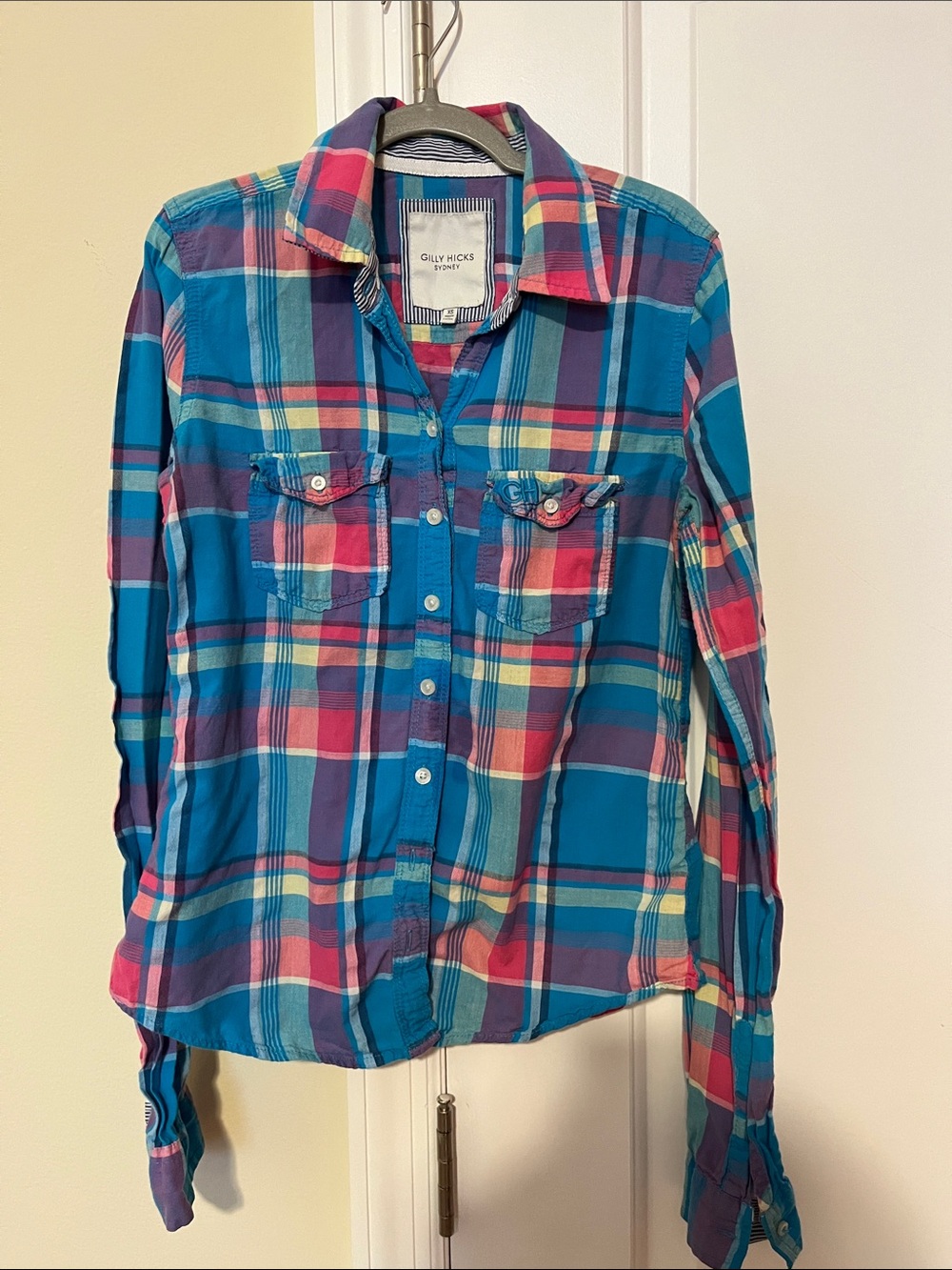 2010 Gilly Hicks Plaid Button-Down Shirt in Blue, Pink, Teal
